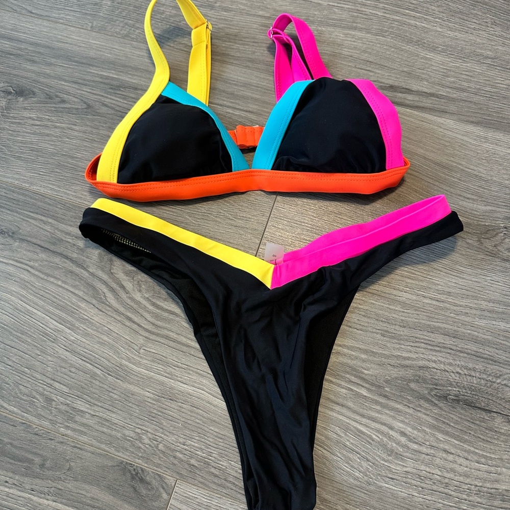 SHEIN Black Bikini with Neon Pink, Neon Yellow, Neon Blue & Neon Orange Trim